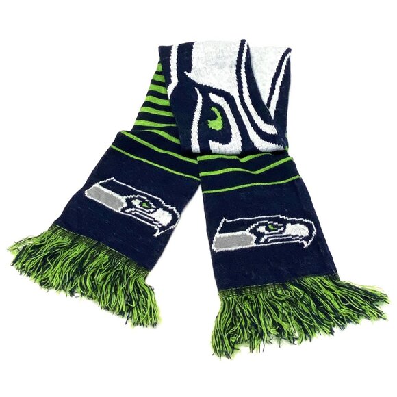 NFL Seattle Seahawks Double Side Stripe Sea Hawk Design Wrap Fringed Knit Scarf - Picture 5 of 5